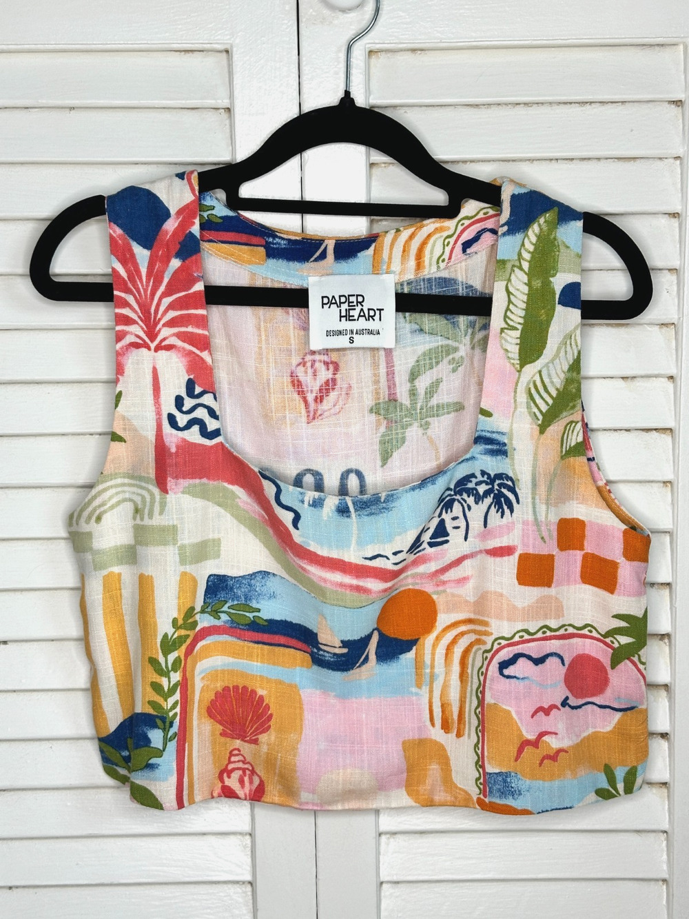 Paper Heart Linen Blend Crop Tank S Tropical Beach Print Colorful Cruise Bae